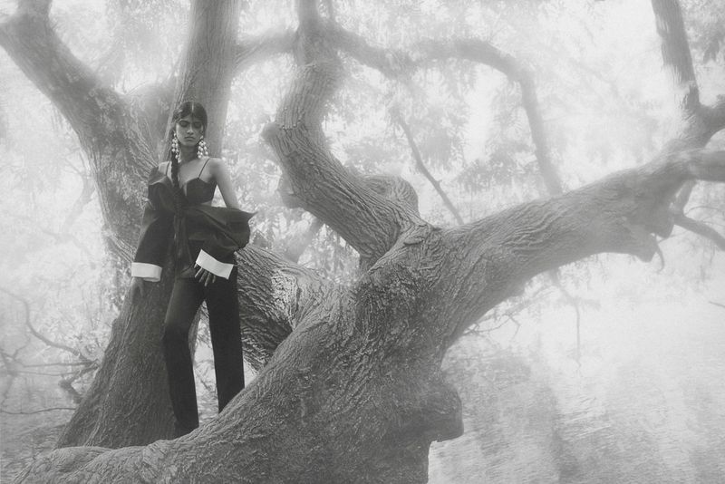 Model Ashley Radjarame standing on a large tree trunk in mist wearing a dark tailored outfit with white cuffs in black and white.