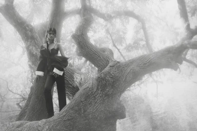 Model Ashley Radjarame standing on a large tree trunk in mist wearing a dark tailored outfit with white cuffs in black and white.