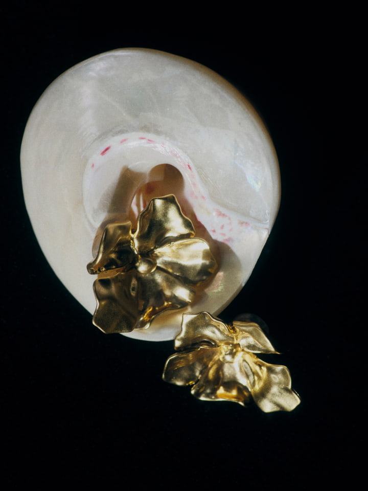 Elevated product shot of a pearl shell displaying two ornamental gold flower brooches against a dark studio background.