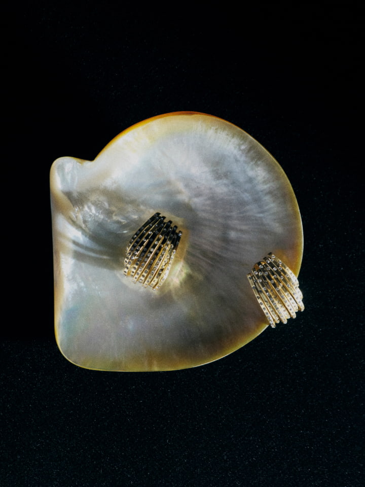 Elevated view of two gold earrings with intricate grid designs on a shimmering iridescent shell against a dark backdrop.