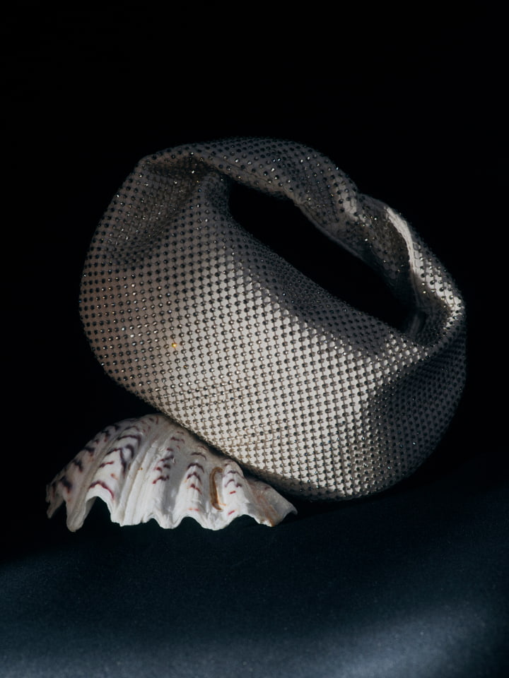 Elegant evening bag with a sequin pattern resting beside a textured seashell against a deep black backdrop.
