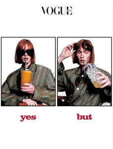 Split-panel editorial image of Denis Okishev in a striped green jacket and sunglasses drinking iced beverages for Vogue Man.