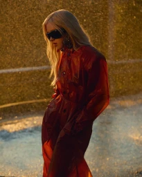 Rosé wearing a translucent red trench coat and black shield sunglasses against a backlit golden outdoor background.