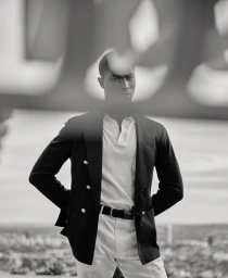 Black and white portrait of a Black man wearing a double-breasted blazer and polo shirt, framed through an out-of-focus foreground.