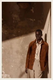Model wearing a brown suede jacket leaning against a textured wall with dramatic lighting for Brioni Spring Summer 26