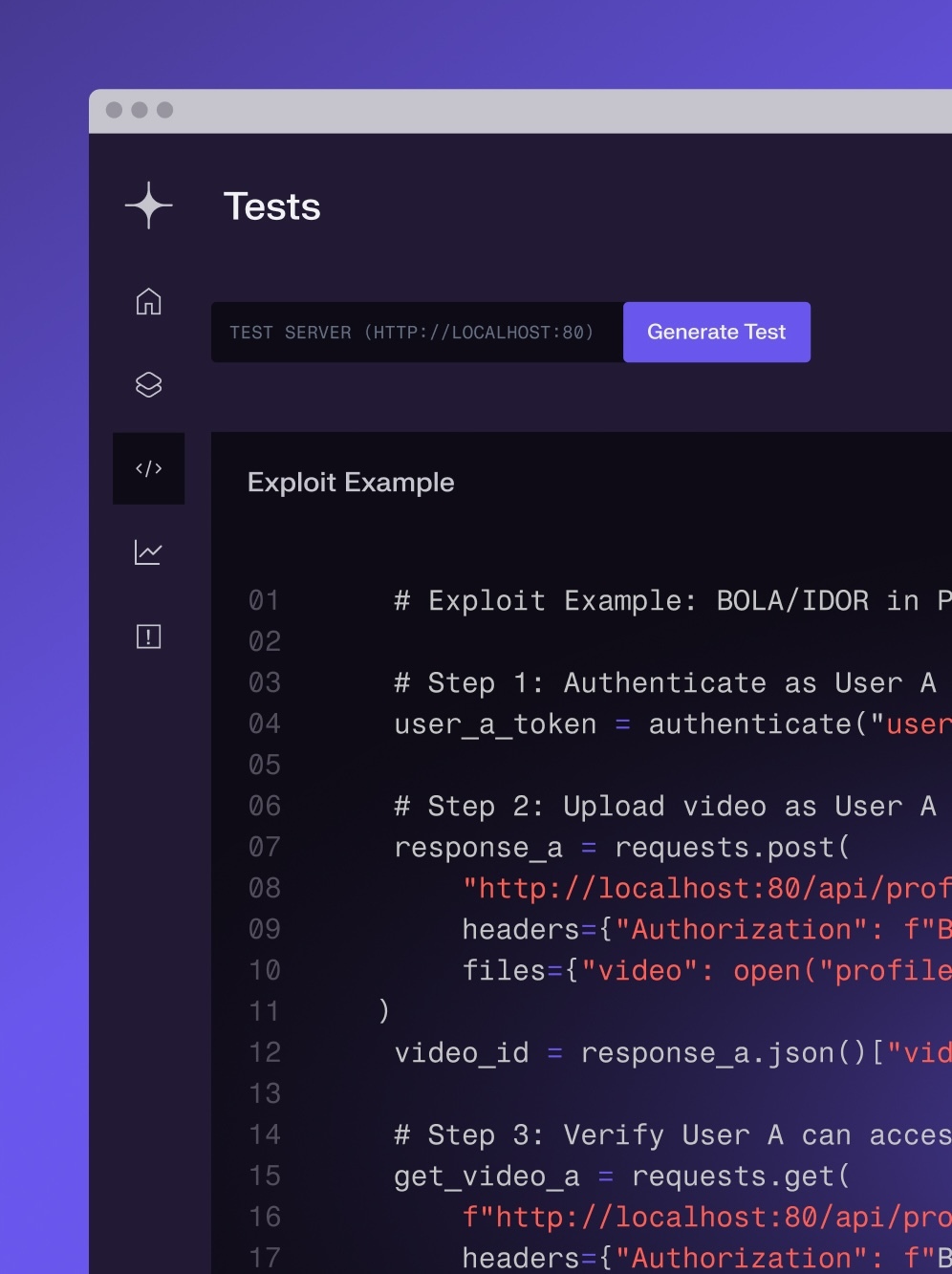 Dark mode user interface mockup displaying test code and navigation icons against a purple gradient background.