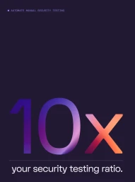 Graphic design layout with large gradient 10x typography and security testing text on a solid dark purple background.