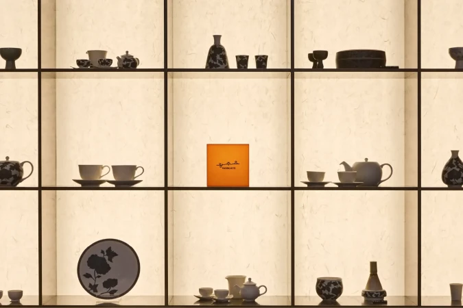 Ceramic teapots, cups, and vessels displayed on backlit grid shelving with an orange Kwangjuyo logo box in the center compartment.
