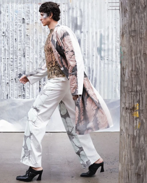Editorial fashion shot of a slender man walking with white printed pants, reptile patterned top, jacket, and black heeled mules in urban setting.