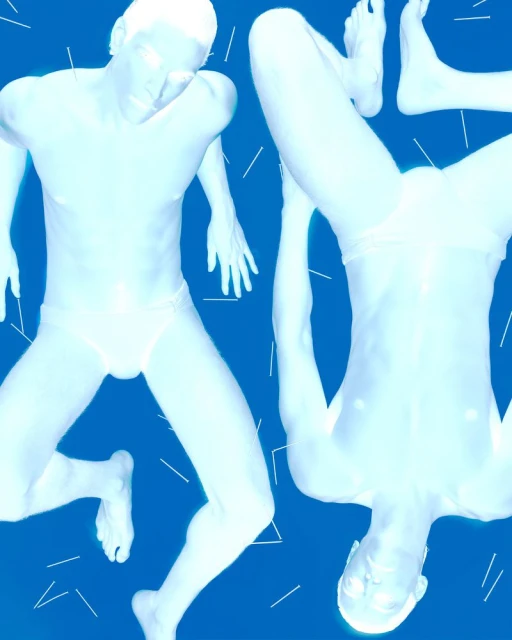 Abstract image of two glowing, pale figures posing against a solid blue background with scattered white lines.