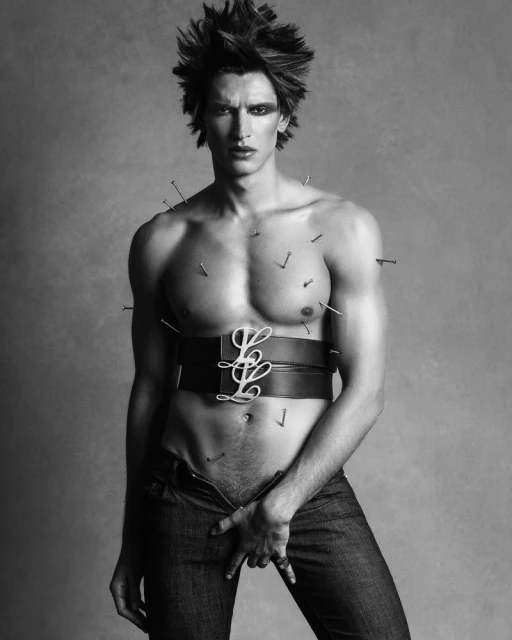 Black and white studio shot of a man with spiky hair, nails on his chest, wearing jeans, and a wide belt with decorative details.