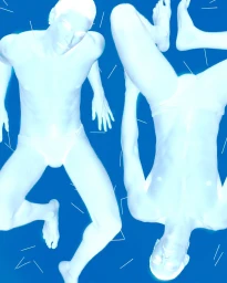Glowing cyan and white high-contrast editorial figures of a male model in briefs against a solid blue background.