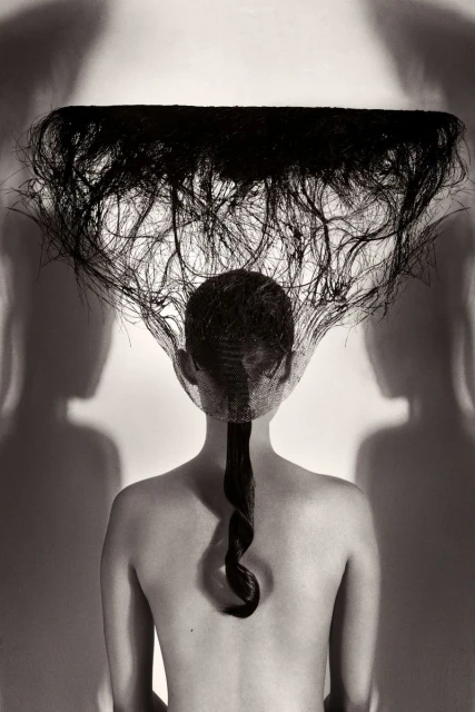Back view of a topless figure with long dark hair and a horizontal line of hair overhead in a fine art photograph, black and white.