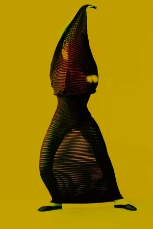 Person in a black pleated dress with an elongated hood-like head covering, striking a pose against a solid yellow backdrop.