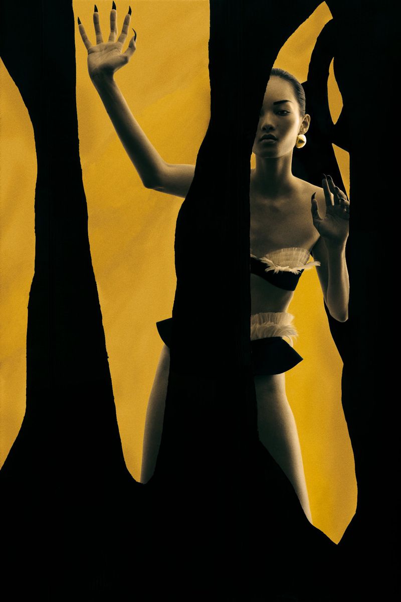 Fashion shot of an adult female in lingerie, posing with raised arms against a yellow background with black abstract shapes.