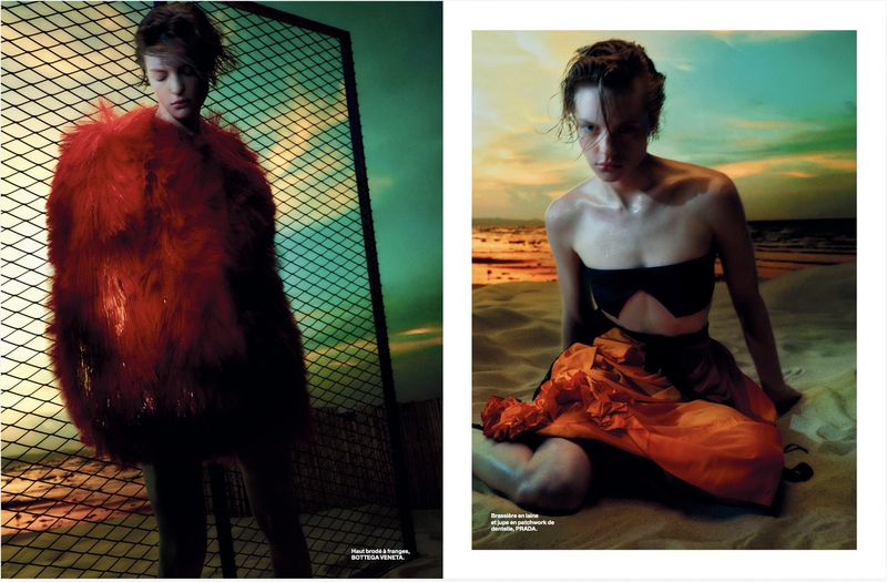 Editorial fashion spread featuring Maya Vozhdaeva in a red shaggy coat and an orange skirt on set.