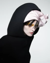 Model wearing a black hooded top and pink silk head wrap with striking yellow eye makeup against a white backdrop.