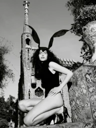 Model wearing dark bunny ears headband and black bodysuit crouching outdoors against a stone architectural tower in a black and white editorial photo.