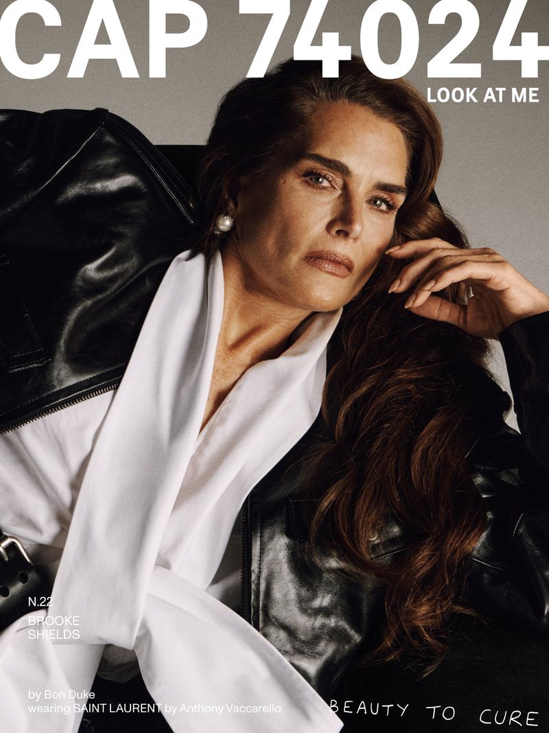 Brooke Shields wearing a black leather jacket and white shirt on the cover of CAP 74024 magazine.