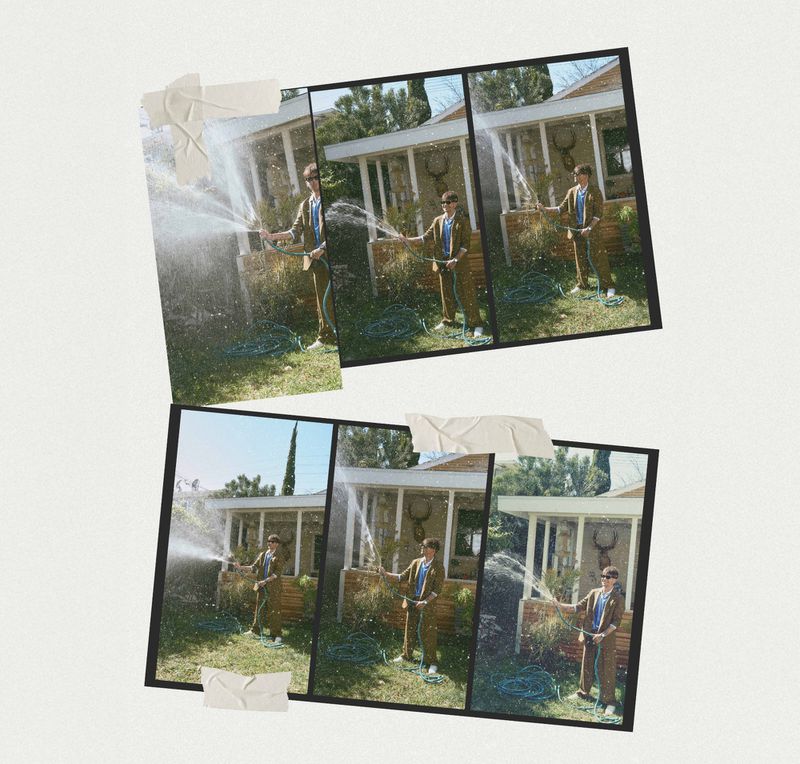 Collage of printed film strips taped down showing Louis Tomlinson in a brown suit spraying water from a garden hose outdoors.