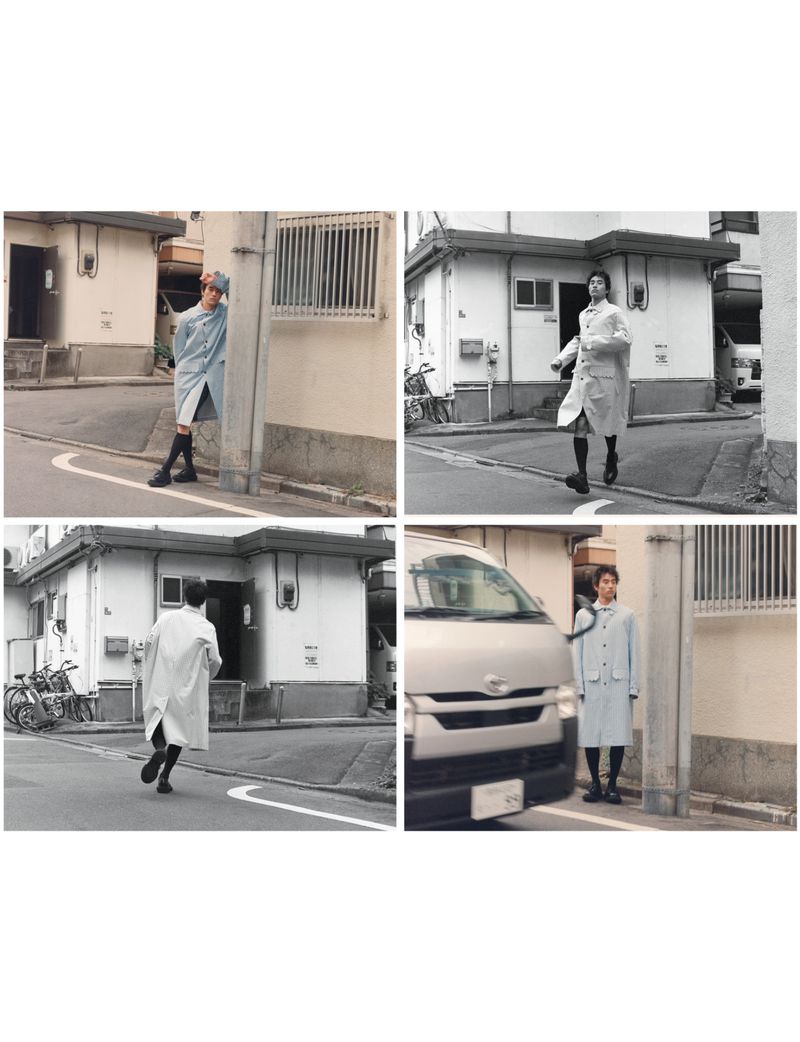 Collage of a fair-skinned adult male in a long blue coat walking down an urban street next to white buildings and a silver minivan.