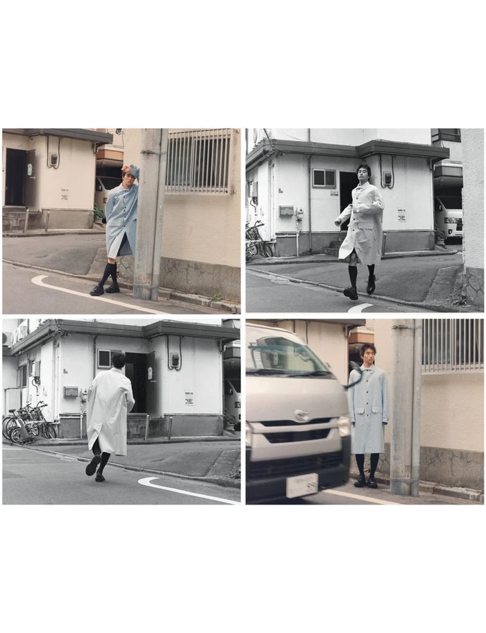 Four-panel collage showing a male model wearing a light blue coat and black knee-high socks on an urban street.