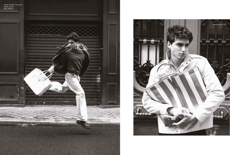 Black and white fashion spread featuring a running man holding a briefcase and a portrait of a man with striped bags.