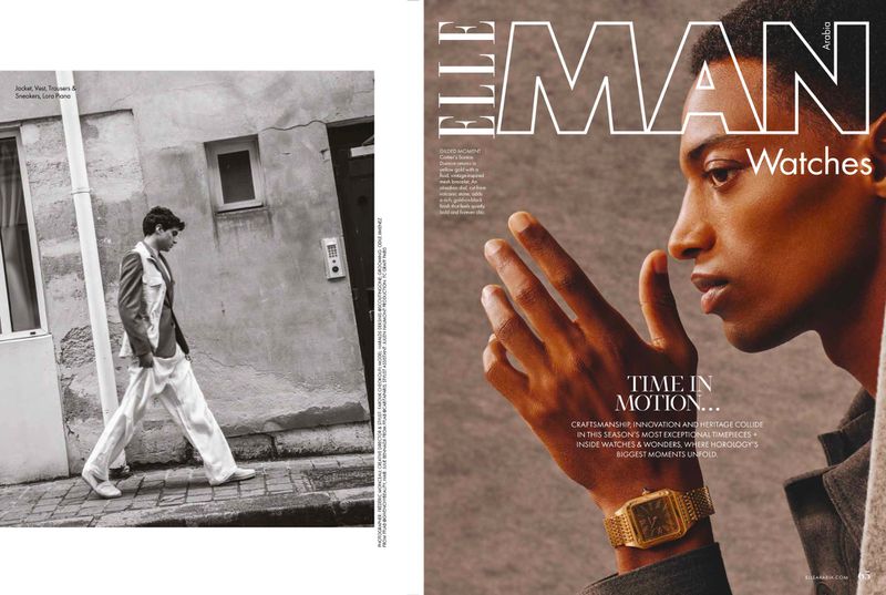 Editorial double-page spread for Elle Arabia showing a man walking on a cobblestone street on the left and a close-up of a gold watch on the right.