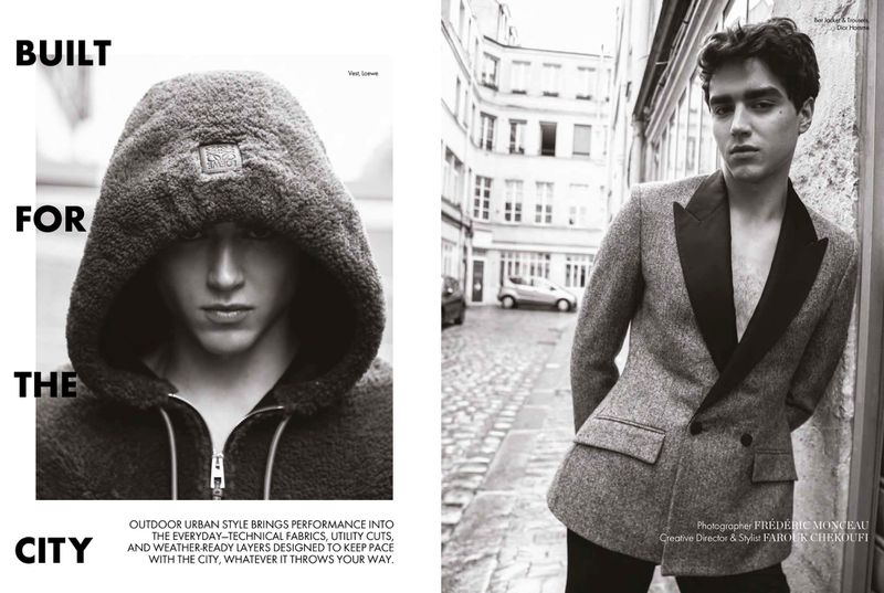 Black and white editorial spread featuring a young man wearing a fleece hood and a double-breasted tweed blazer on a city street.