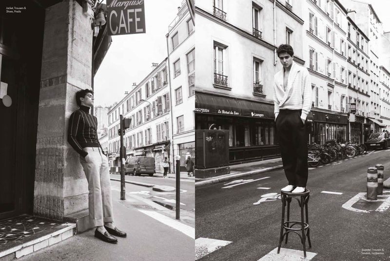 Two black-and-white images showcase a male model in city settings, one standing on a stool on the street, the other leaning on a building.