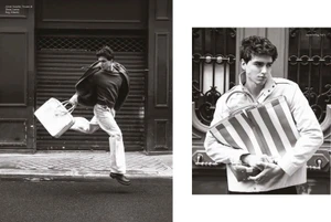 Black and white fashion spread featuring a running man holding a briefcase and a portrait of a man with striped bags.