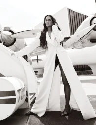 Brooke Shields posing in an oversized floor-length white coat beside vintage airplane boarding stairs.