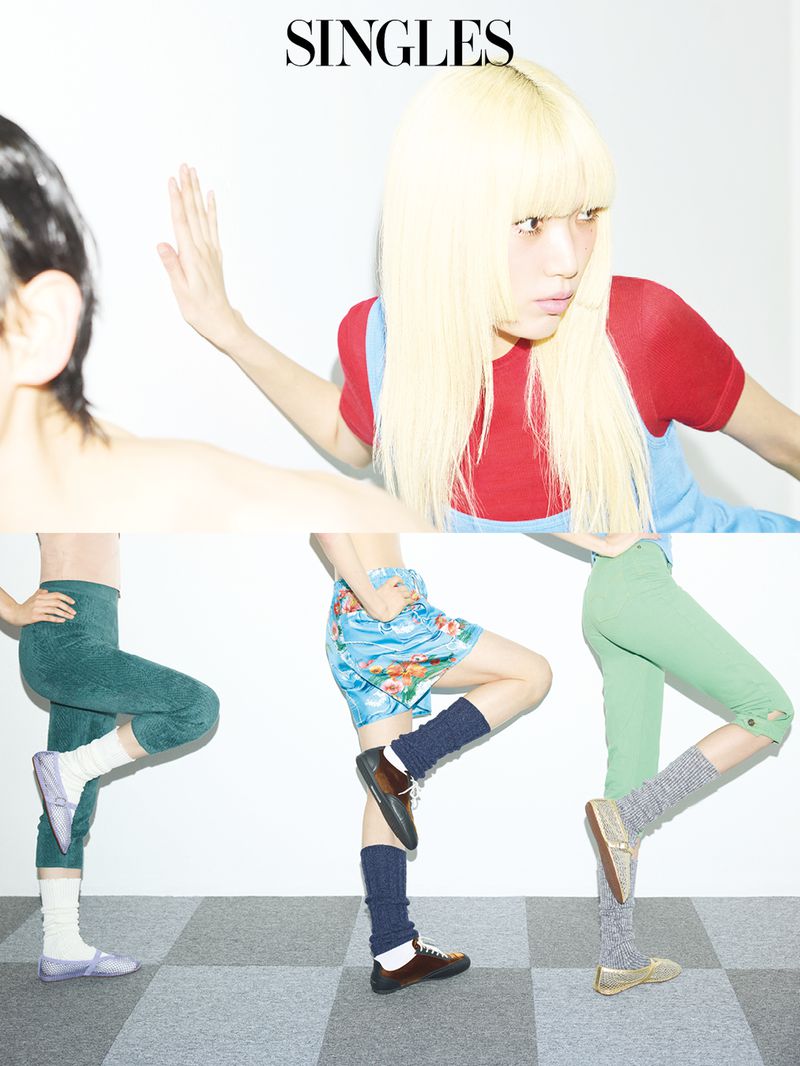 Model Minji Lee with platinum blonde hair and red shirt above models posing in green cropped pants and ballet flats for Singles Magazine.