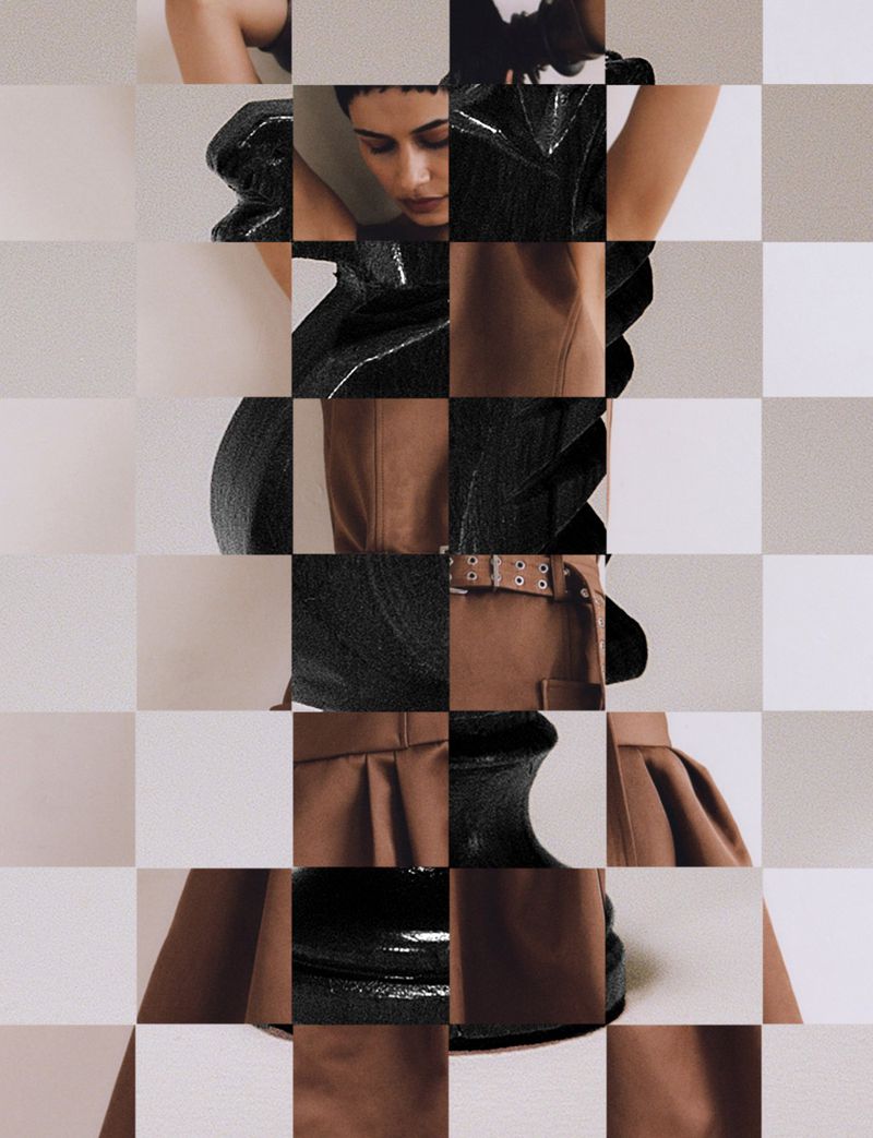 Editorial fashion image grid showing fragmented tiles of a model posing in shiny black textured fabric and structured brown garments.