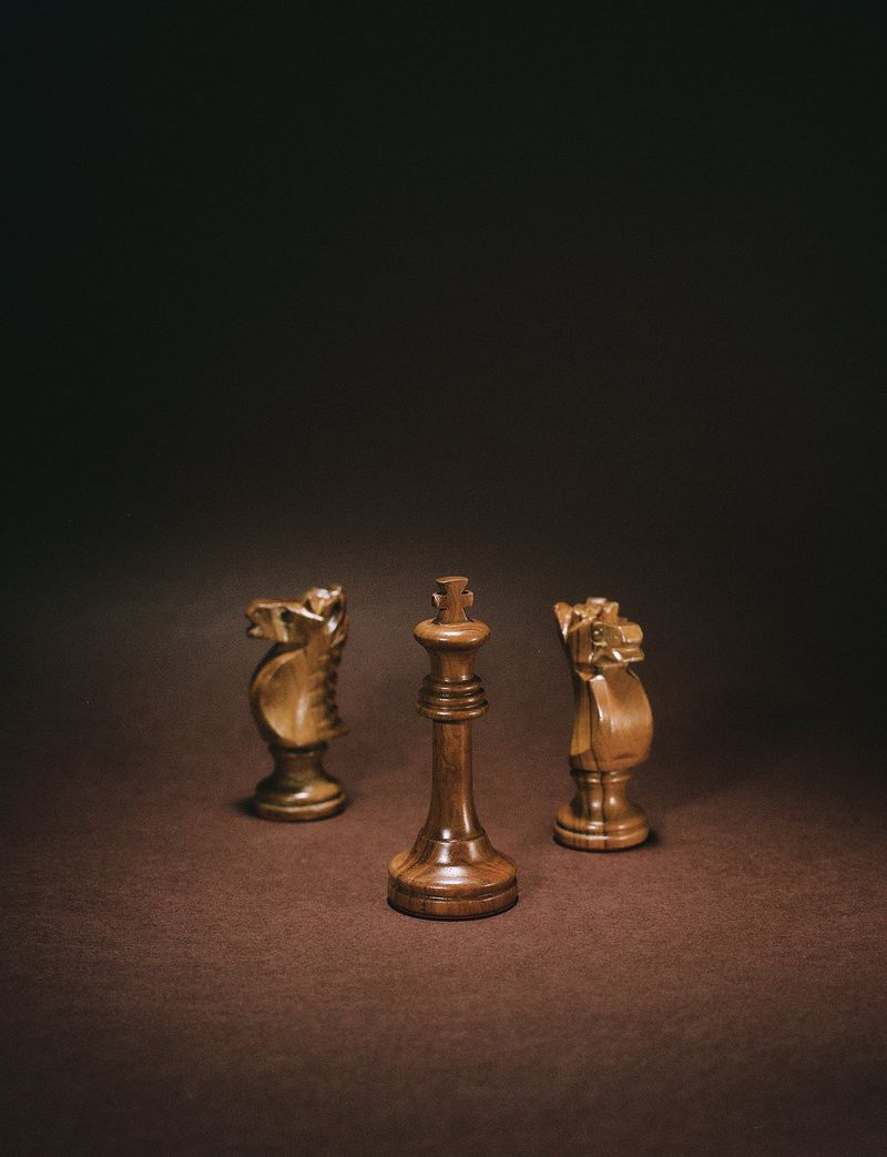 Three carved wooden chess pieces, featuring a king centered between two knights, set against a dark studio background.