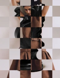 Editorial fashion image grid showing fragmented tiles of a model posing in shiny black textured fabric and structured brown garments.