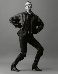 Lara Mullen posing in an oversized black leather jacket, trousers, and heeled boots against a plain grey studio backdrop.