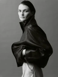Model Lara Mullen posing in an oversized black leather jacket and light trousers against a neutral studio backdrop.