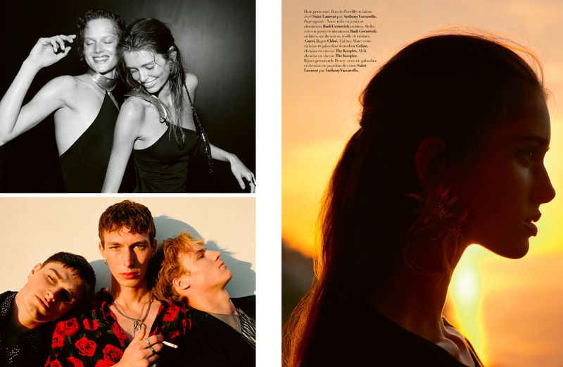 Magazine editorial layout spread featuring a female profile silhouette at sunset, two laughing women in black, and three young men.