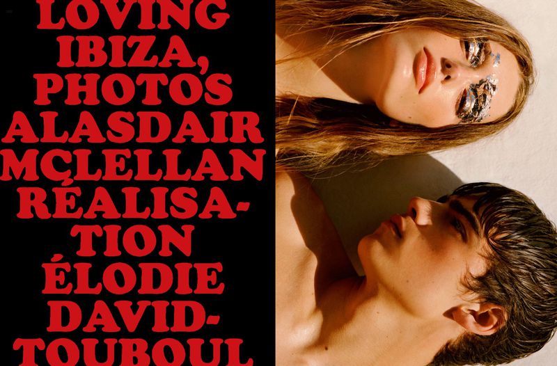 Close-up of two models in sunlight beside bold red editorial title typography on a black background.