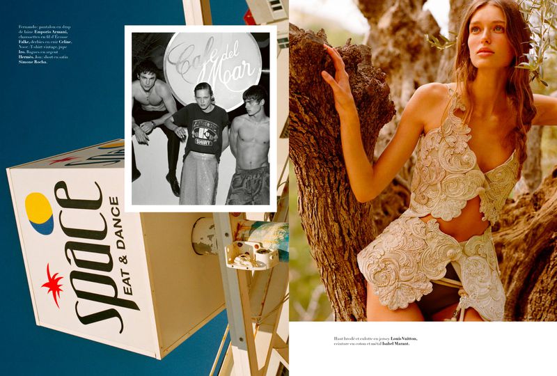 Editorial magazine spread featuring a woman in an ornate cream embroidered outfit leaning against a tree beside vintage Ibiza imagery.