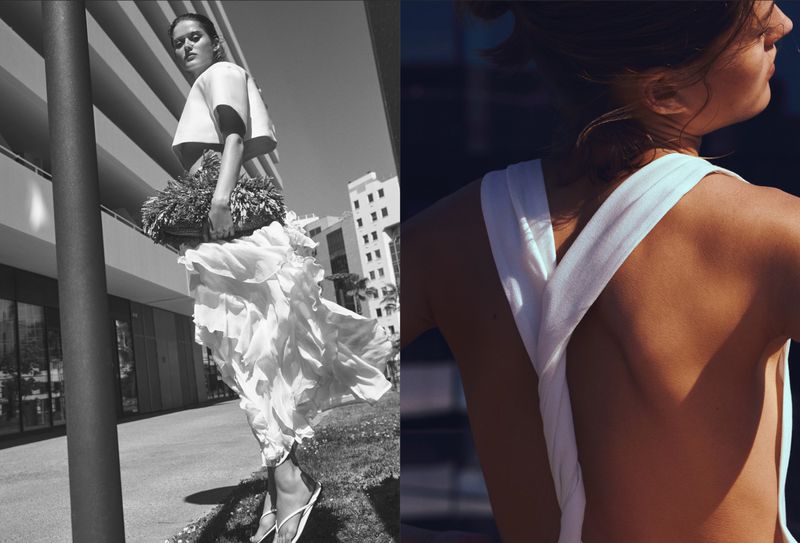Diptych featuring a model in a white ruffled skirt and crop top alongside a close-up of a twisted backless white top.
