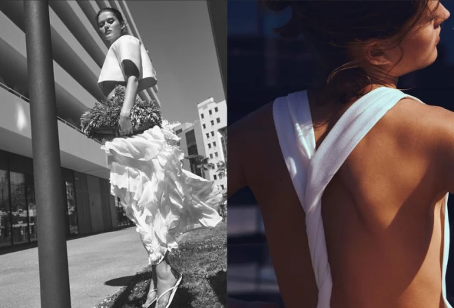 Diptych featuring a model in a white ruffled skirt and crop top alongside a close-up of a twisted backless white top.
