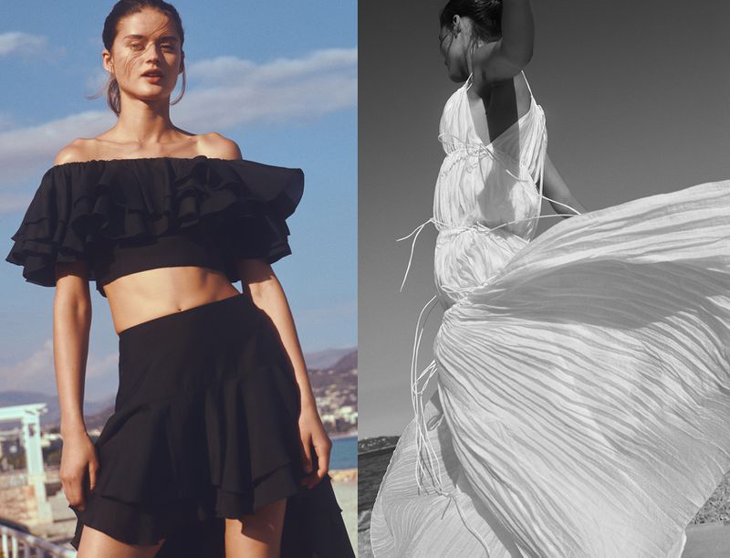 Diptych of model Bonnie Panasenko wearing a black ruffled crop top and skirt next to a flowing pleated white dress in black and white.