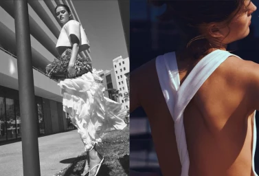 Diptych featuring a model in a white ruffled skirt and crop top alongside a close-up of a twisted backless white top.