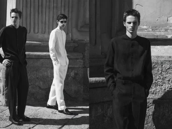Black and white diptych of male models wearing monochrome black and white tailored shirts against stone architecture.
