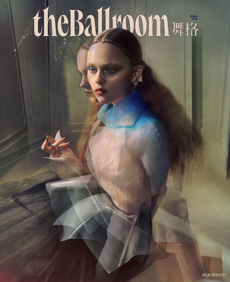 Magazine cover featuring model Ava Shipp in a translucent layered top with a painterly double exposure effect for theBallroom.