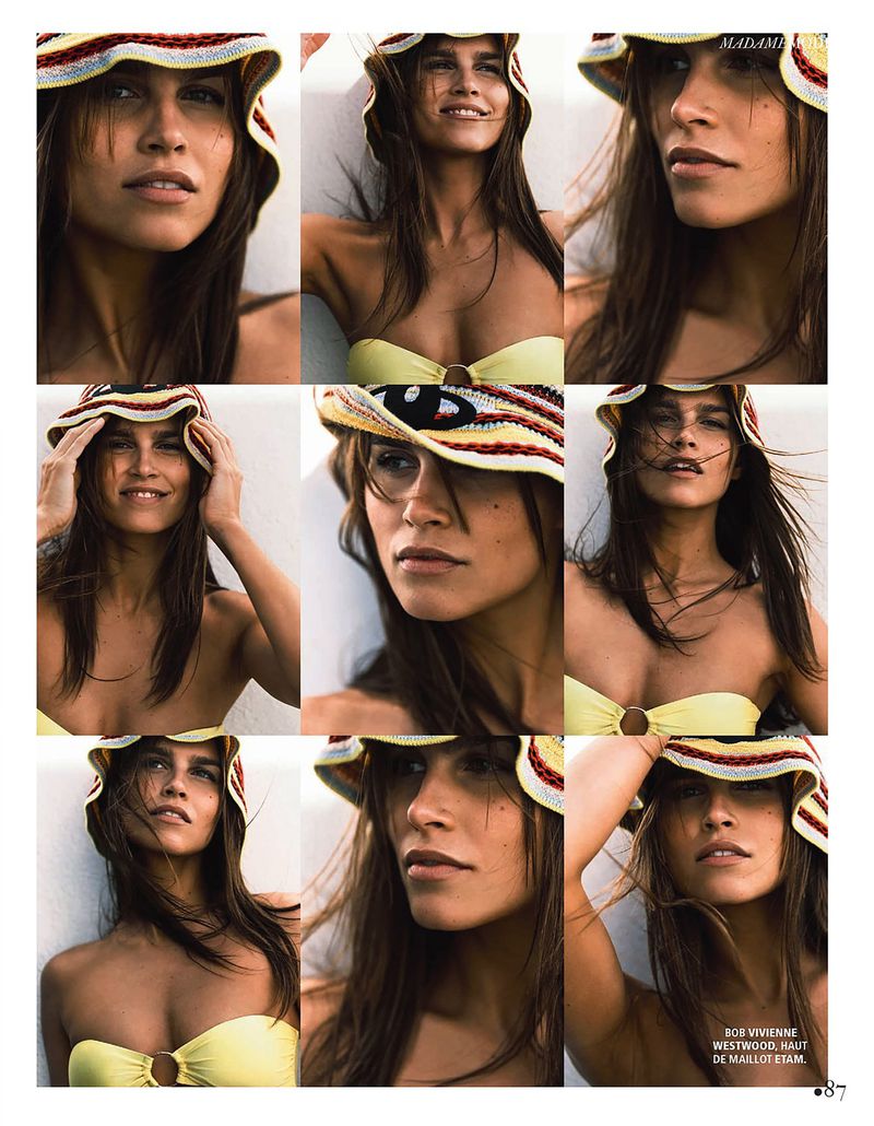 Nine-panel photo grid of model Olivia Aarnio wearing a striped crochet bucket hat and a pale yellow bandeau bikini top.