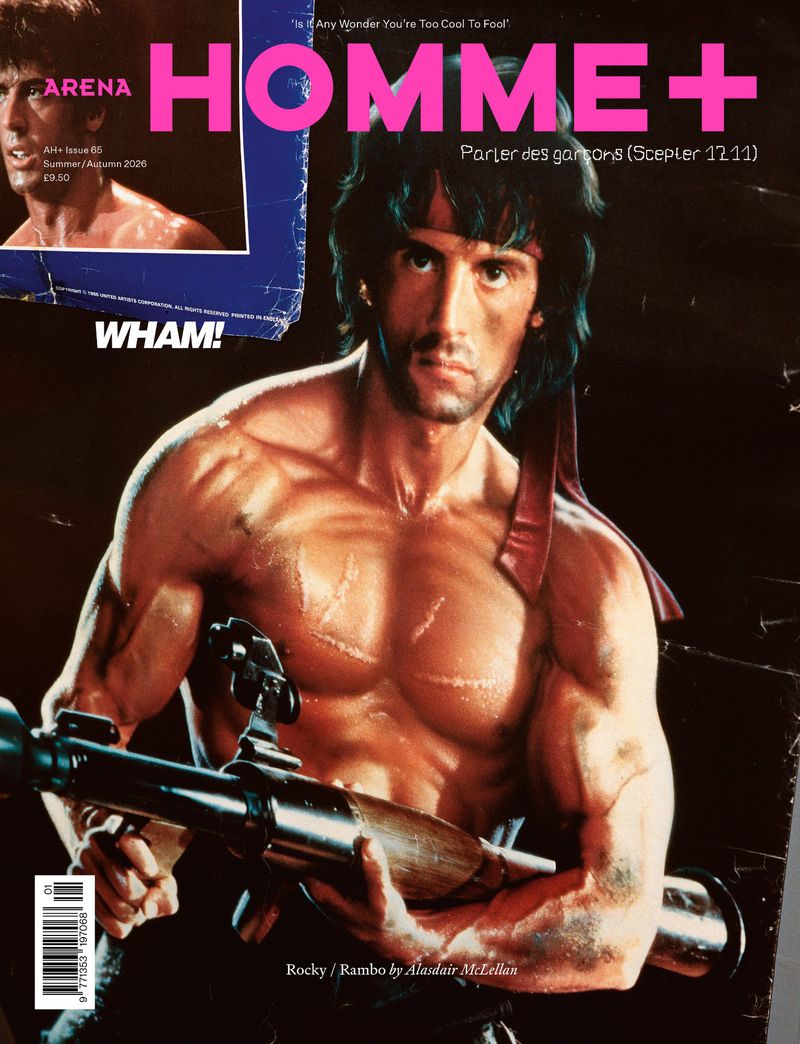 Magazine cover of Arena Homme+ featuring Sylvester Stallone as Rambo holding a weapon with a red headband.