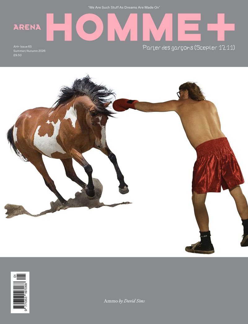 Arena Homme+ magazine cover showing a shirtless man in red boxing shorts punching toward a galloping brown and white pinto horse.